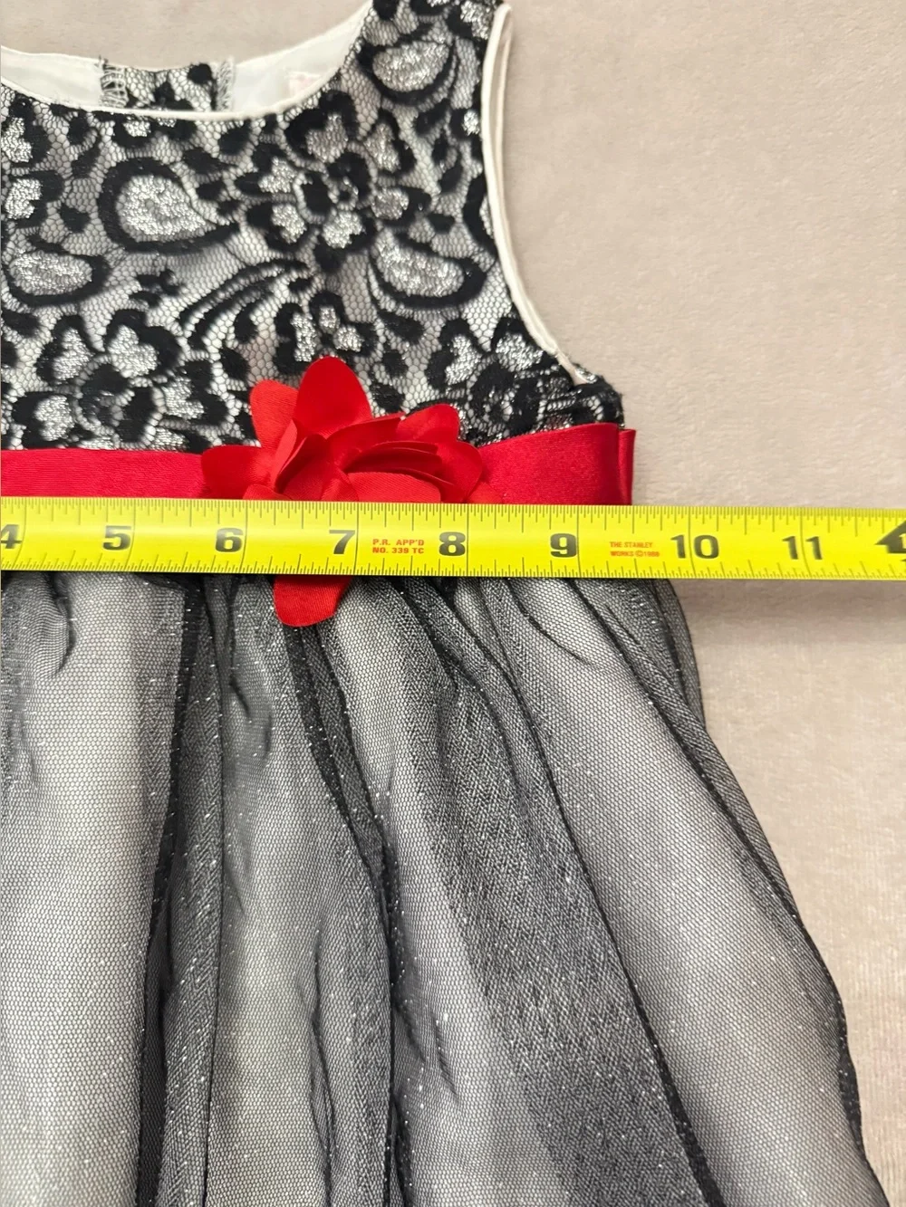 Youngland Toddler Girl Party Dress Black Metallic Lace Shimmer Tulle Red Sash 2T